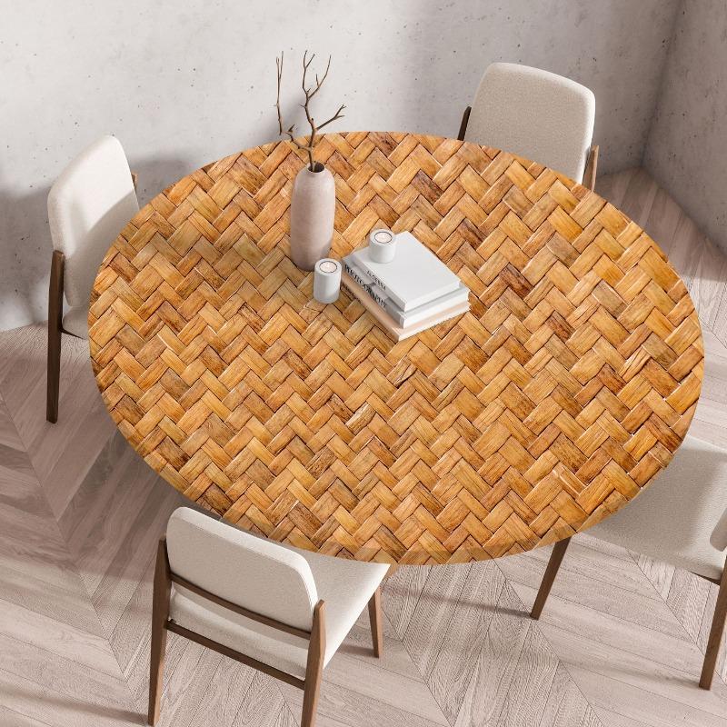 Wooden Patterns Round Table Cover Waterproof Oilproof Stain-Resistant Print Elastic Tablecloth for Kitchen Home Dustproof Decor