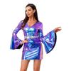 Womens 70s Disco Costume V Neck Flared Sleeve Crystal Decor Metallic Shiny Bodycon Dress