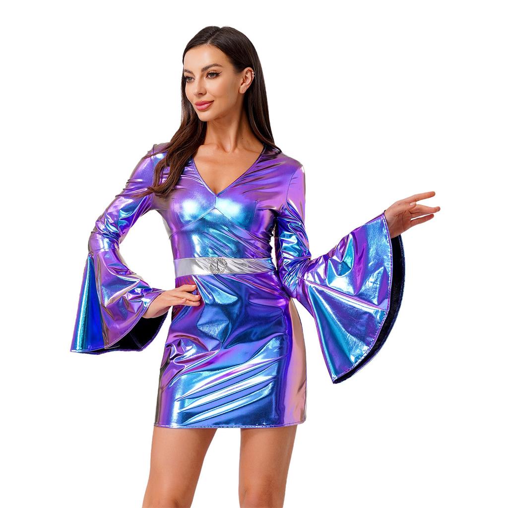 Womens 70s Disco Costume V Neck Flared Sleeve Crystal Decor Metallic Shiny Bodycon Dress