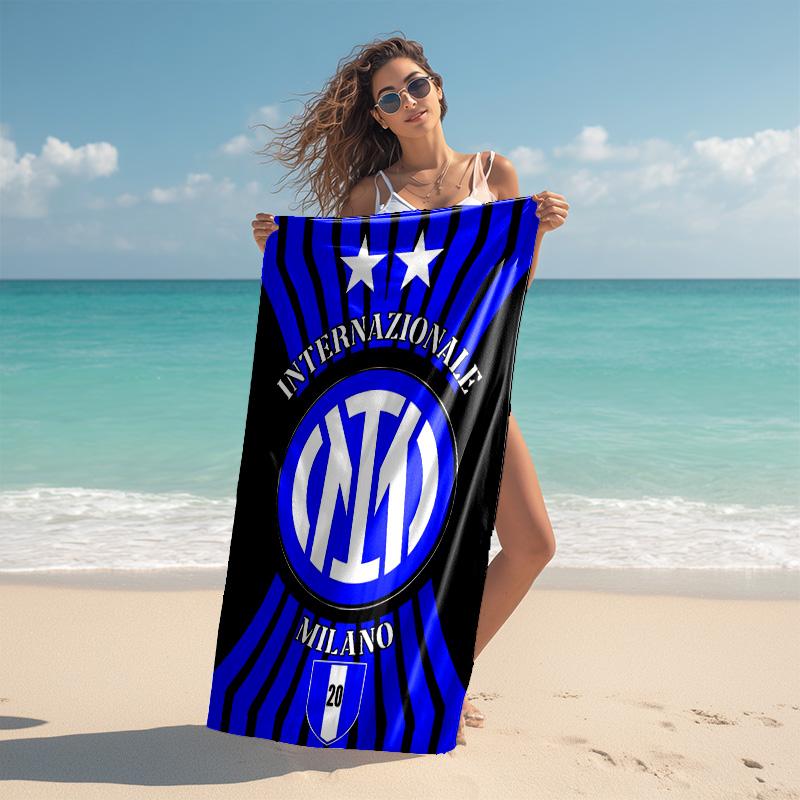 proof beach towel with FC Inter Milan logo pattern - soft,absorbent,quick-drying,machine washable - perfect for swimming,camping,bathing