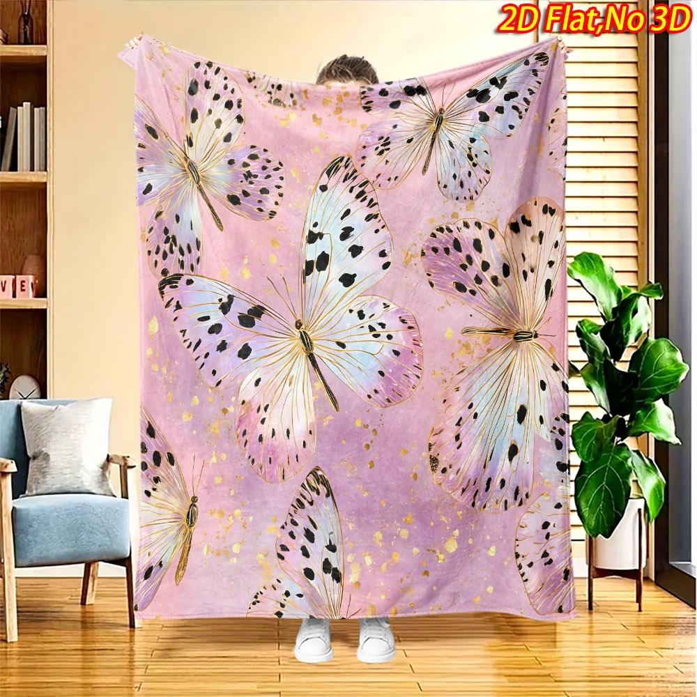 1pc Pink-Purple Butterfly Blanket Suitable for All Seasons, Soft Flannel Throw Bedspread with Butterfly Print, Machine Washable Cozy Bedspread for, Co