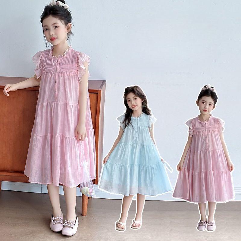 Sweet Flutter Sleeve Long Dress for Girls Cute Comfortable Casual Daily Wear Flower Girl Party Birthday Holiday Vacation Dress