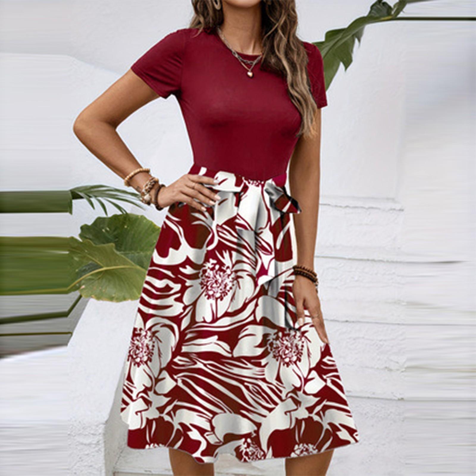 

Женское модное ретро-платье с принтом и цветным поясом XXL винный