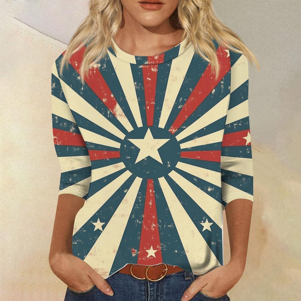 Women's Fashion Casual 3/4 Sleeve Independence Day Printed Round Neck Pullover Top