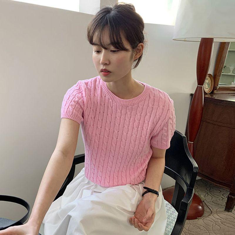 Korean Chic Minimalist Round Neck Cable Knit Slim Fit Top - Summer 2025 Women's Fashion