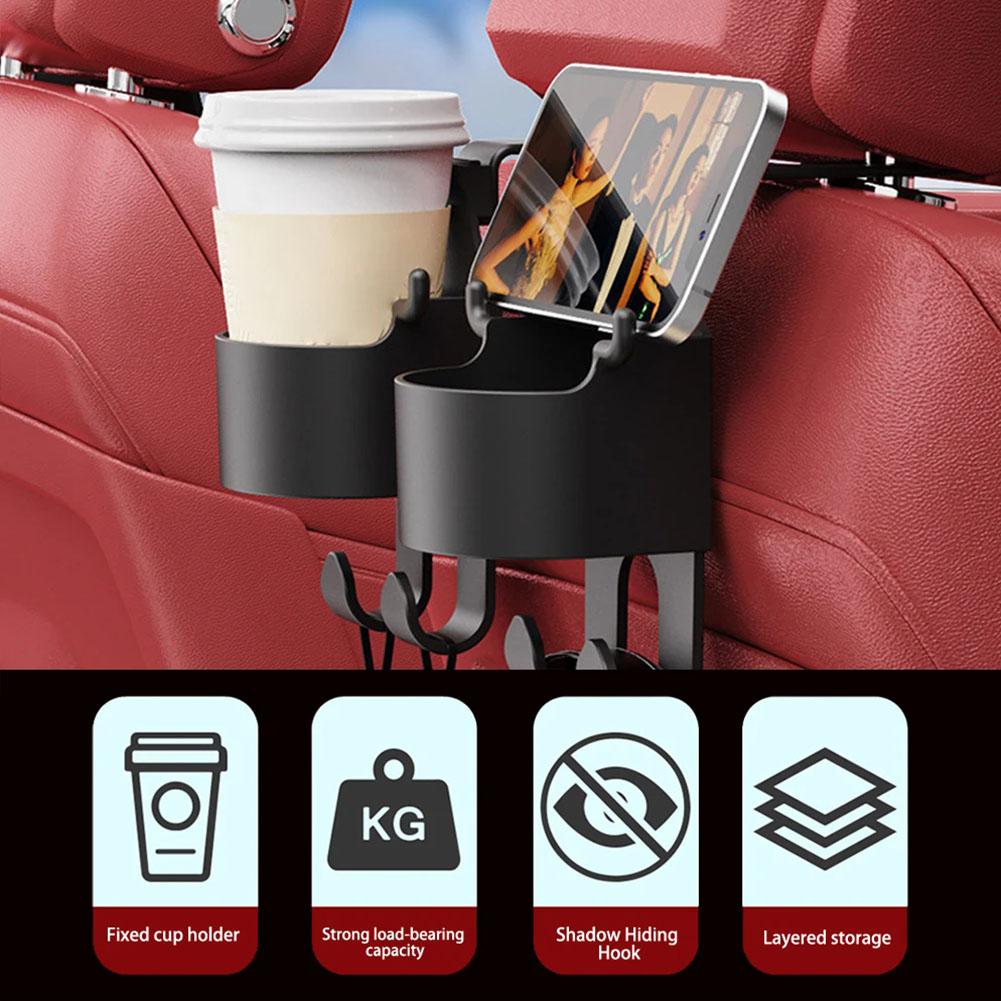 Backseat Car Organizer with Cup Holder, Multifunctional Back Seat Car Organizer with Two Seat Hooks, Hold Snacks Drinks & Phones