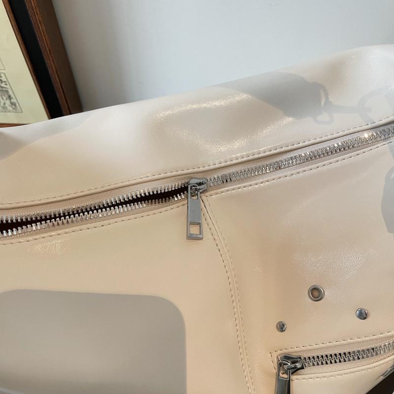 Glossy Faux Leather Shoulder Bag with Multiple Zipper Pockets Women's Fashion Handbag Large Capacity
