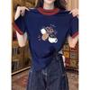 Fashion Foreign Style Front Shoulder Short-sleeved T-shirt Women's New Temperament Pure Cotton Splicing Contrasting Color Top