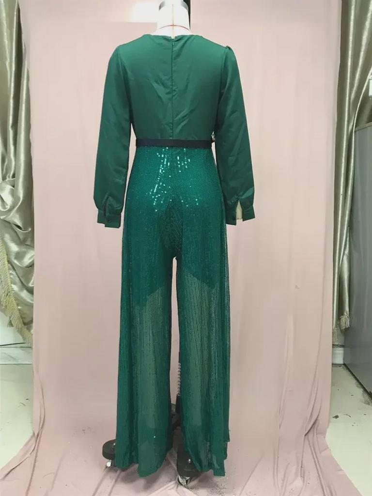 Pailletten-Taillenkleid V-Ausschnitt Langarm Mode Damen Hose Weites Bein Französisch für Frühling Herbst