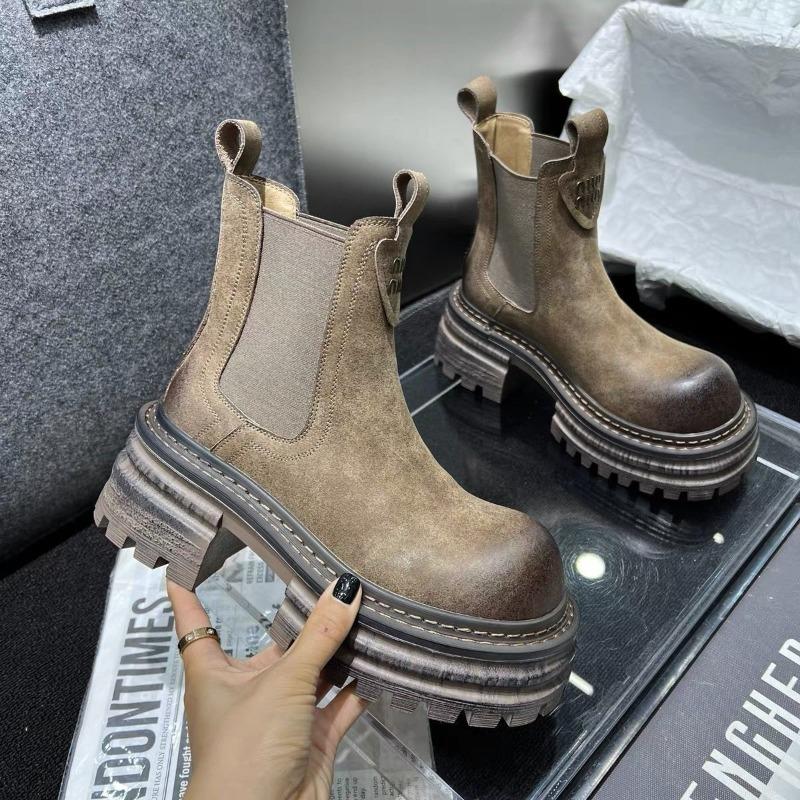 Martin Boots Women's Autumn and Winter New Thick-soled Round Head Thick Heel Versatile Polished Chelsea Boots Short Boots