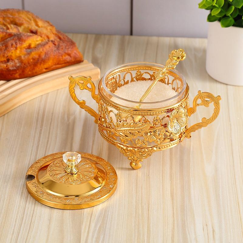 Сахарница с цветочным декором, Бытовая металлическая банка для специй, Изысканная прозрачная стеклянная сахарница, Солонка, Бутылочка для специй золотой