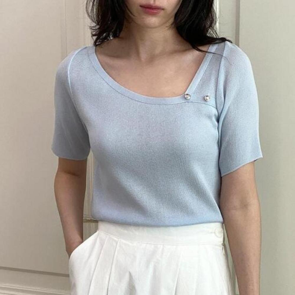 New Arrivals Open Run Women Unbalanced Neckline Button Simple Color Short Sleeve