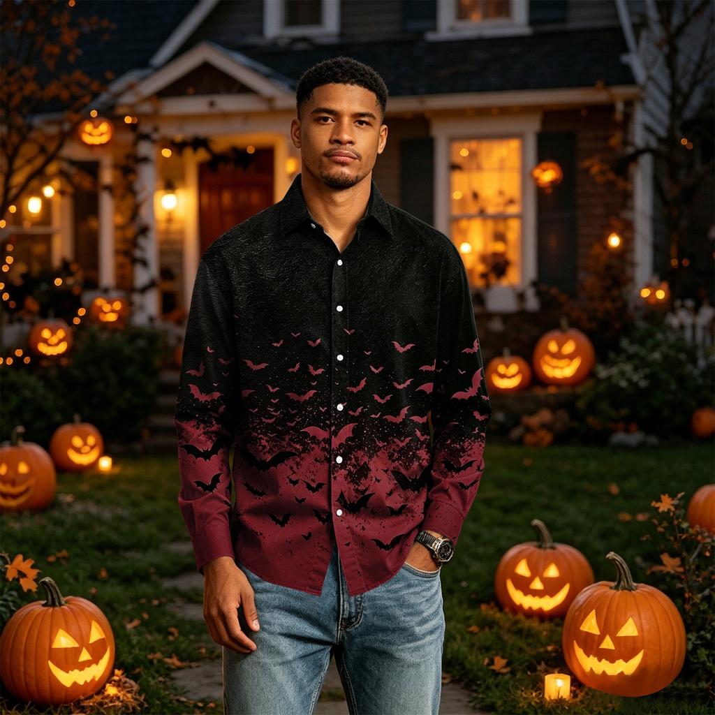 Men's Long Sleeve Button Down Halloween Print Shirt for Party Costume