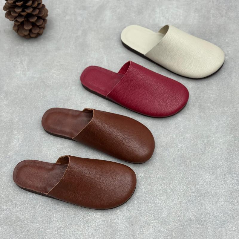 Johnature Genuine Leather Round Toe Flat Slippers Versatile And Comfortable Soft Soled Women's Slip-on Shoes