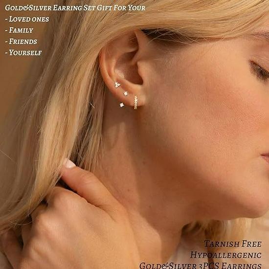 Korean Style S925 Sterling Silver Three-Stone Diamond Mini Retro Earrings