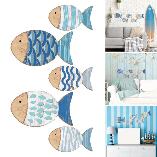5Pcs/Set Wooden Fish Wall Decoration School of Fish Beach Lake House Bathroom Wall Art Nautical Coastal Ocean Theme Hanging Ornament