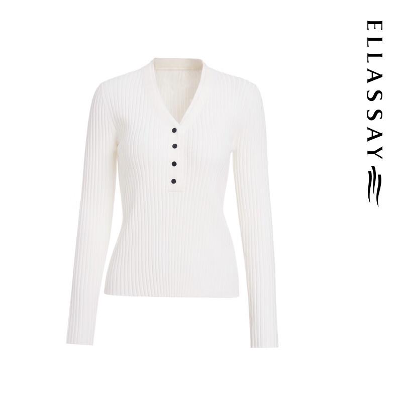 ELLASSAY Women's Elegant V-Neck Pullover Knit Sweater with Custom Obsidian Buttons