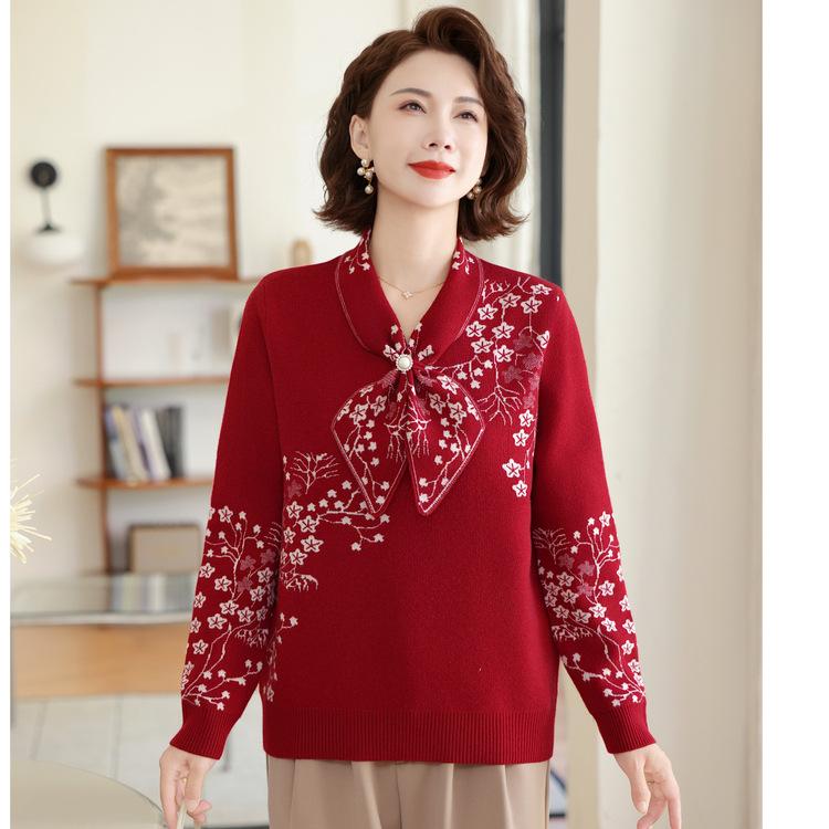 Middle-aged and Elderly Mother Pullover Bottoming Shirt Autumn and Winter New Fashion Foreign Style Long-sleeved Knitted Sweater