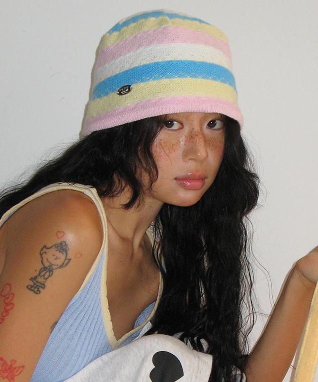 RONRON Multi Stripe Knit Bucket Hat Pink Blue