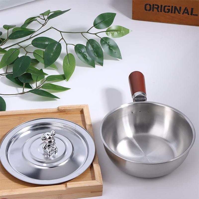 Single-Person Heat-Resistant Stainless Steel Pot Wood Handle For Fruit Salad Yogurt Breakfast Kitchen Cooking Bowl