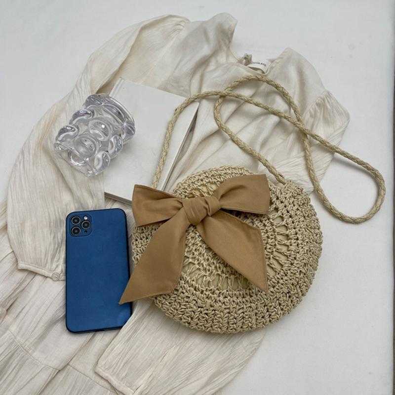 Sommer Kleine Stroh Schulter Umhängetaschen Handgefertigt Strand Handtaschen Schleife Gewebte Tragetasche Runde Umhängetasche Clutch
