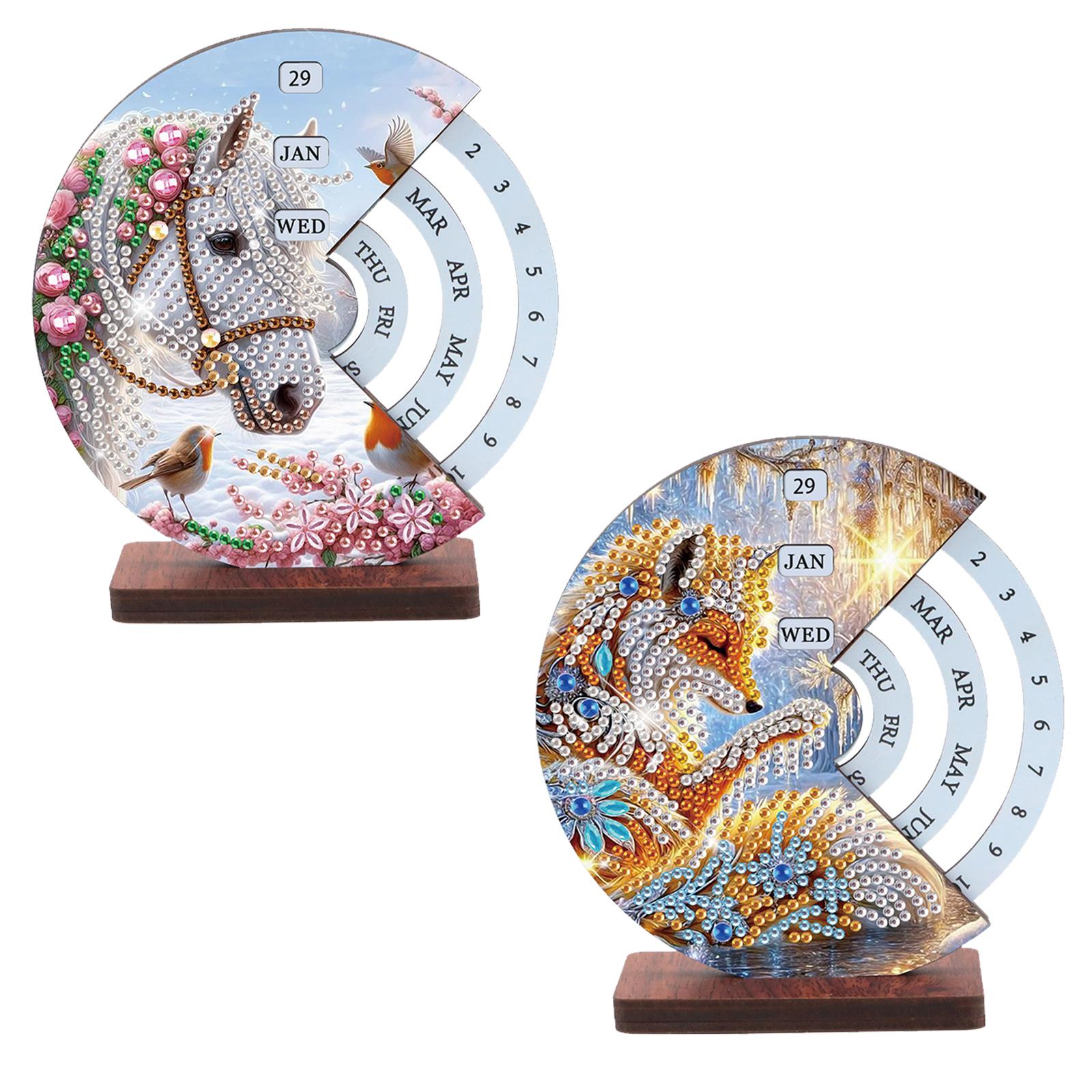 2PCS Animal 5D Diamond Painting Decorations Ornaments with Circular Dial To Set Dates for Living Room Bedroom Office Desk