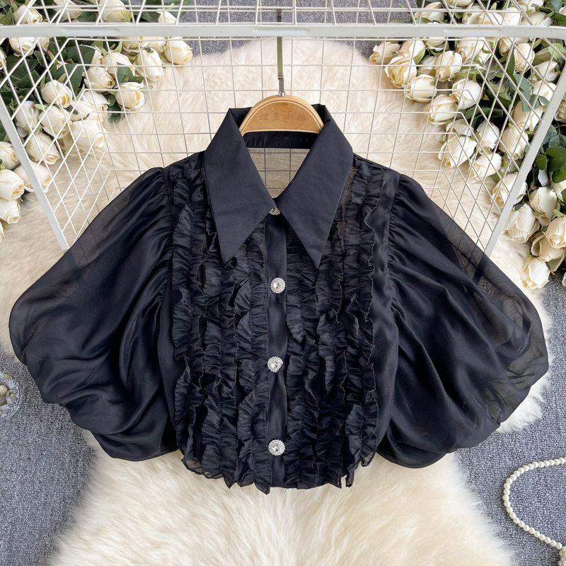 

Summer Wear French Style Puff Sleeve Shirt Women s Sweet Tree Fungus-like Lacework Patchwork Niche Style Retro Perspective Chic Tops Black One size