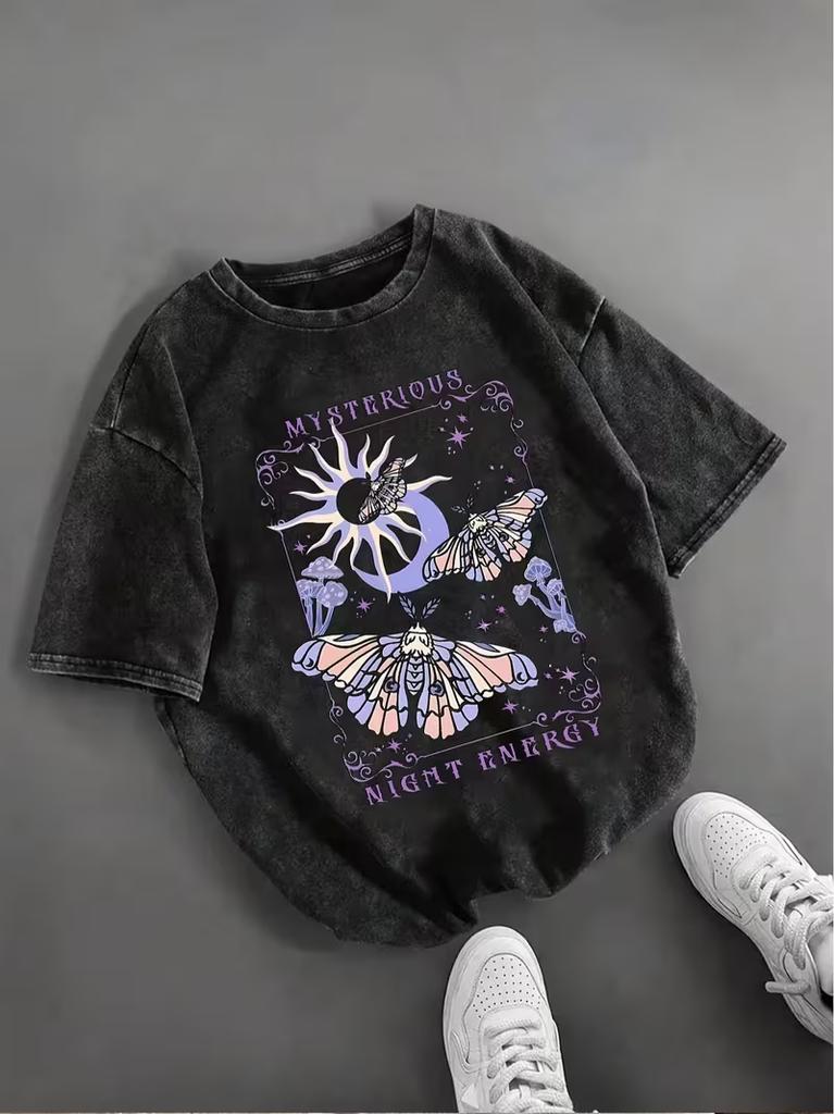 Vintage Gothic Rabe Print T-Shirt Unisex Gewaschenes Schwarz Rundhalsausschnitt Oversized Tee Y2K Streetwear Kurzarm für den täglichen Gebrauch