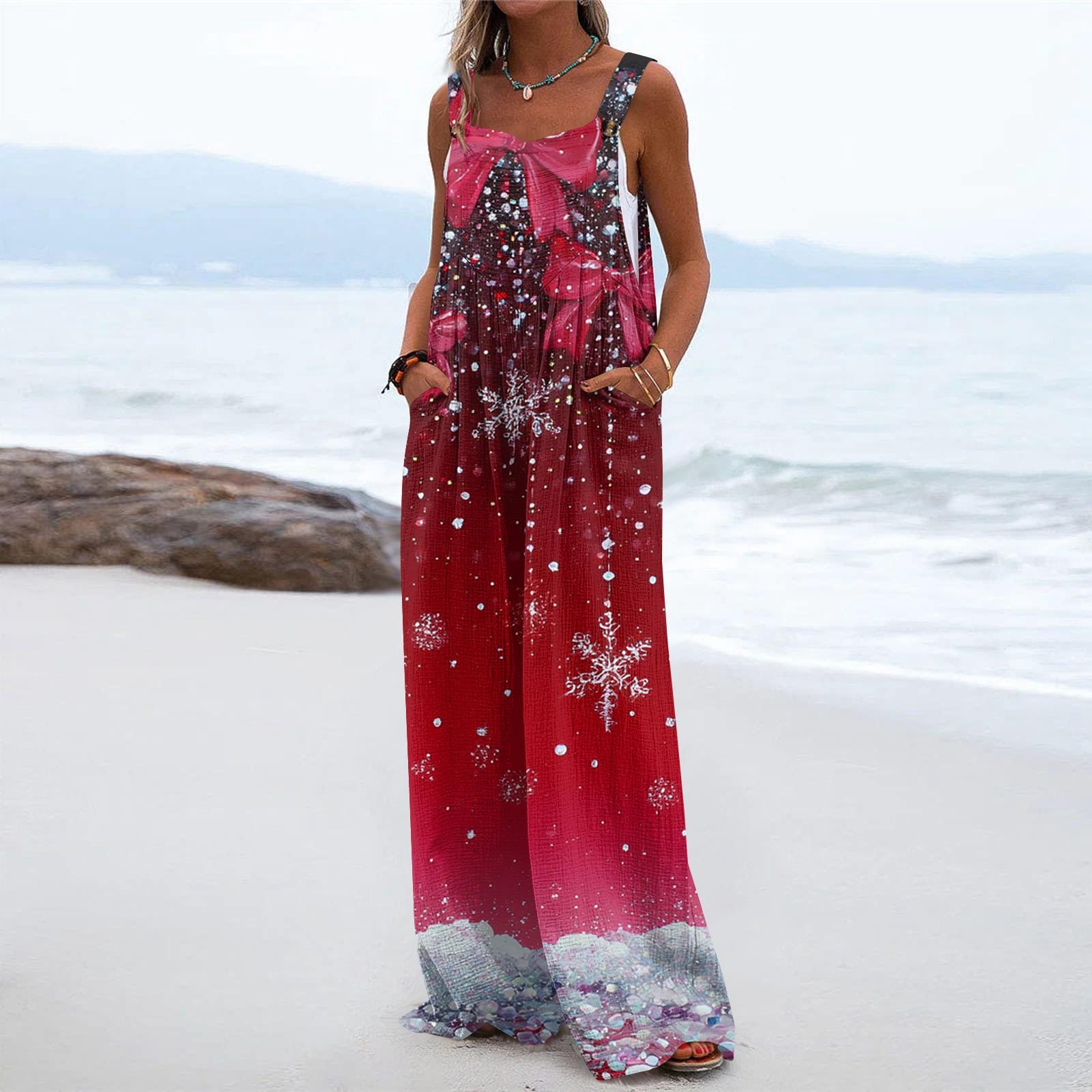 

Женский рождественский принт однотонный широкий крой без бретелек майка карман повседневный комбинезон XXL