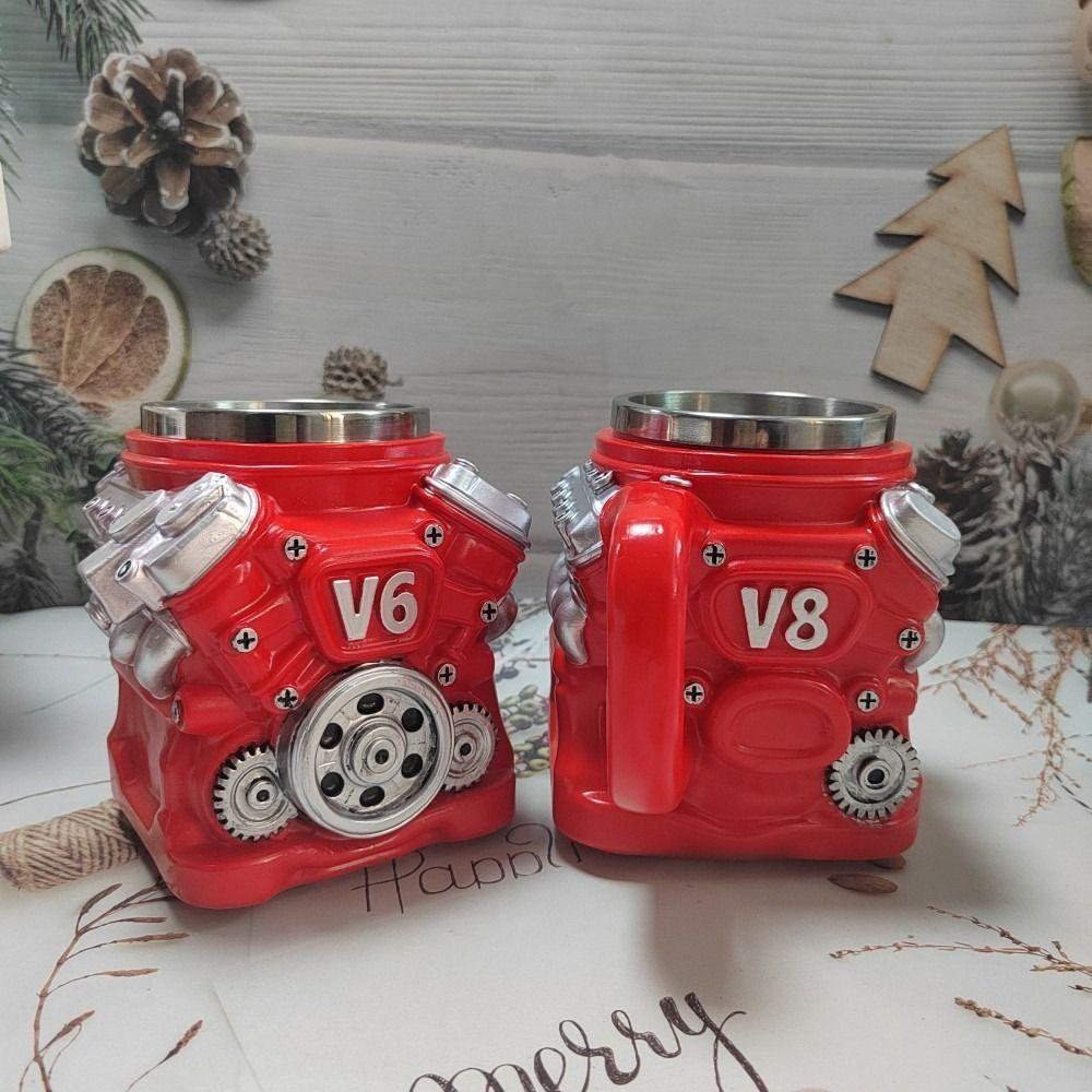 Dubbelwandige V6-motoren roestvrijstalen beker met handvat isolatie autobeker cadeaus voor mannen en jongens