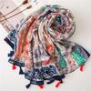 Women's Summer Retro Style Floral Silk Scarf with Colorful Tassels