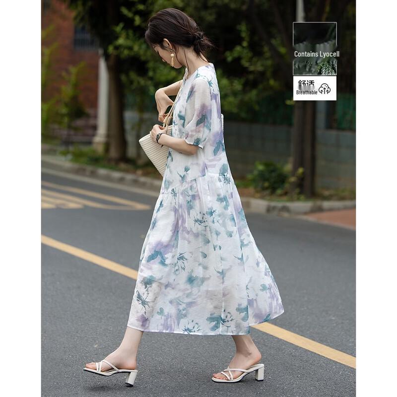 Lyocell Summer Print Patchwork Midi Dress S
