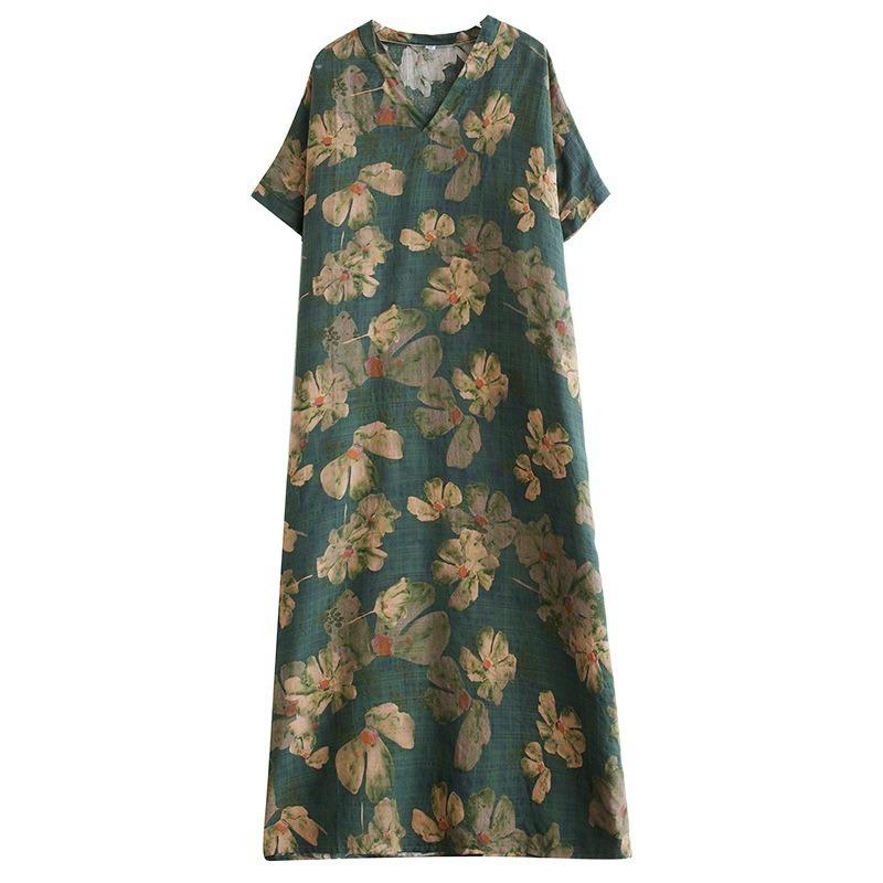 Real Shot Summer Thin Cotton and Linen V-neck Large Size Loose Vacation Wind Beach Dress Retro Medium and Long Dress Women