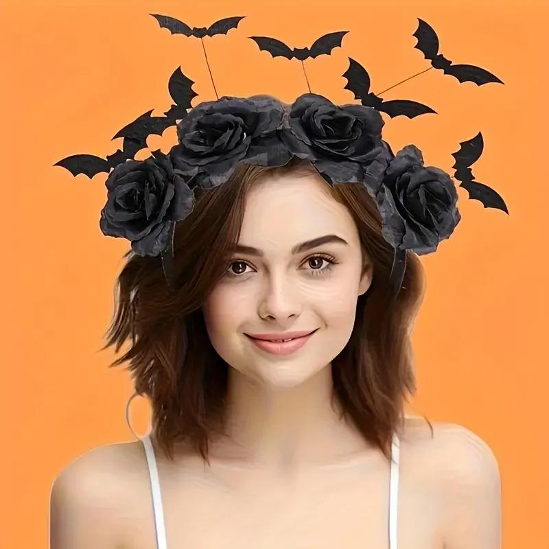 1 piece Halloween party headband - cute witch hat with black artificial flowers, gothic bat clip, dark role-playing accessory
