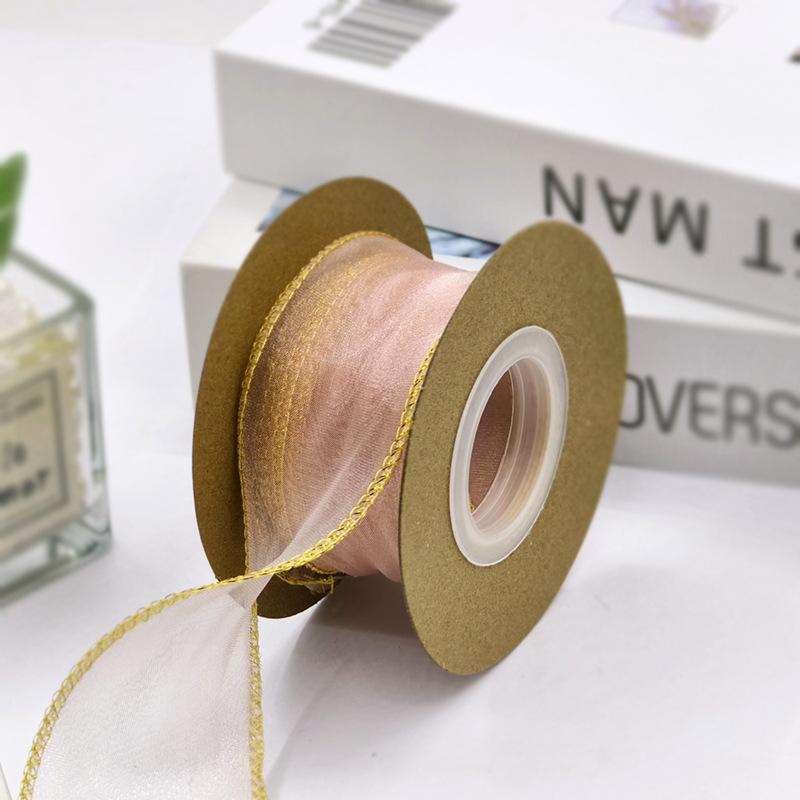 10yards Organza Ribbon Golden Wave Wired Ribbon Gift Bouquet Packaging,Handicrafts,Christmas Birthday Wedding Party Decoration
