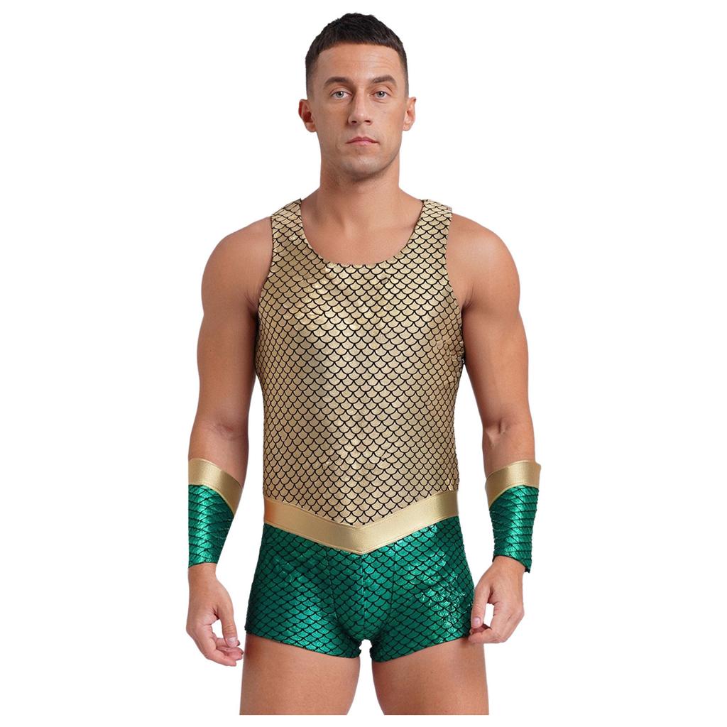Men Sleeveless Fish Scales Print Bodysuit Sea King Sea God Halloween Cosplay Arm Sleeves Costume