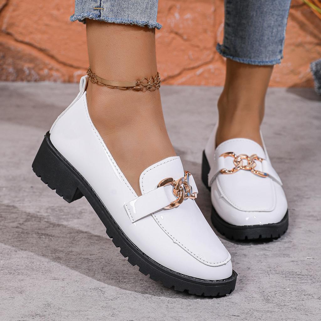 Fashion Spring Round Toe Loafers Women's British Style High Heels Shoes 2025 Slip On Chunky Heels Woman Fashion Metal Decor Shoes Women