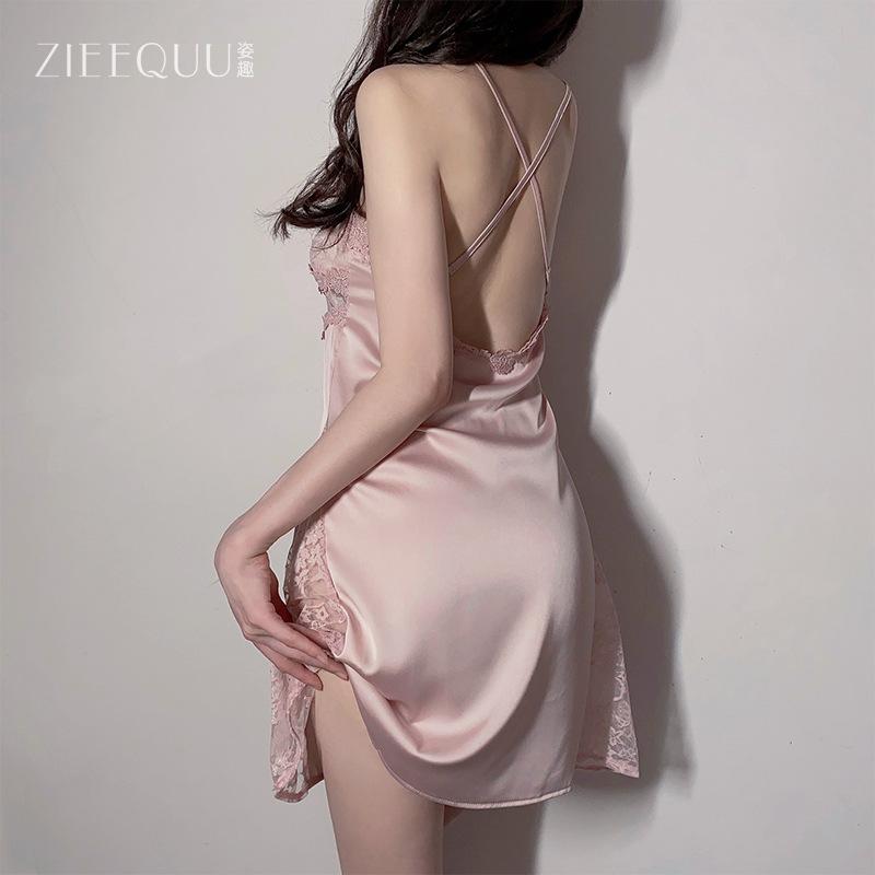 Pure Desire Deep V Lace Pajamas Satin Backless Plus Chest Pad Pajamas Lace-up Robes Loungewear Set