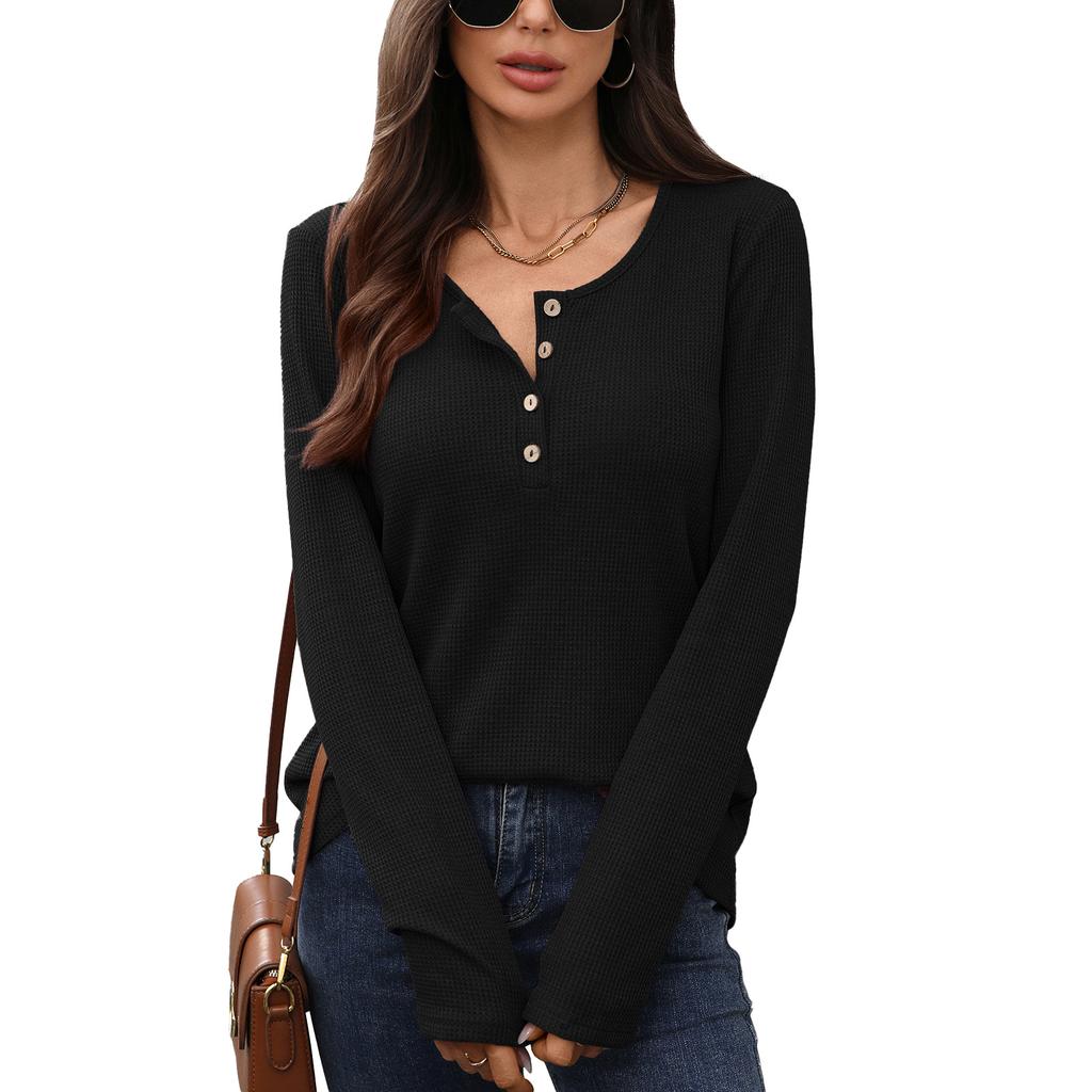 New Solid-color Round-neck Button Loose Long-sleeved T-shirt for Women In Autumn and Winter