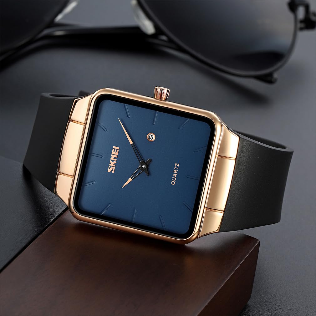 Square Watch Men Leather Strap Black Simple Thin Stylish Wristwatch Gentleman Waterproof Business Casual Male Gift Rose Gold Blue