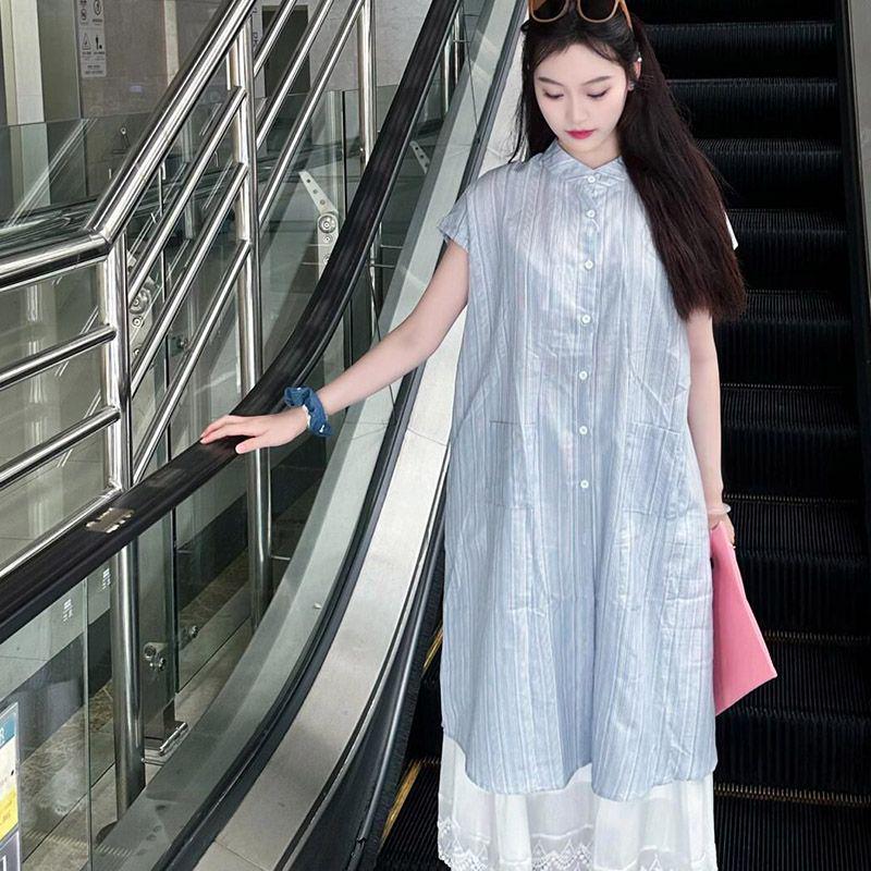 Women's Loose Casual White Shirt Dress & A-line Skirt Layered Two-Piece Set for Summer 2026
