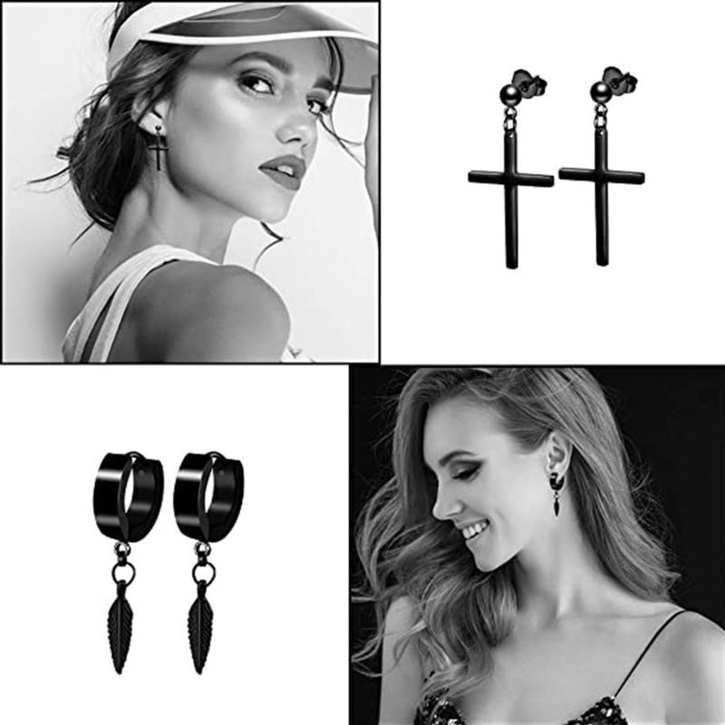 12 Pair Earrings Black Stud Earrings Stainless Steel Hoop Earrings Set Jewelry Piercings for Men Women Punk Gothic Style
