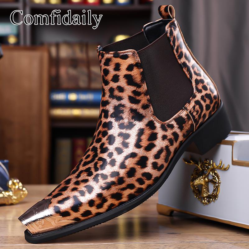 

New Men s Animal Fashion Print Chelsea Boots - Bling Pattern Ankle Boots with Metallic Toe & Elastic Side Gore for Street Style 48 жовтий