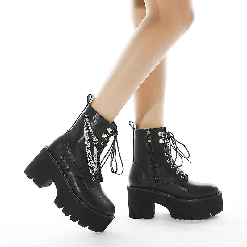 Martin boots before autumn and winter zipper metal chain medium tube thick heel platform short boots