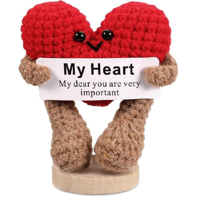 5PCS Emotional Support Crochet Doll with Base, Positive Crochet Vegetables Fruits with Positive Card Handmade Knitted Dolls Plush Cheer Up for