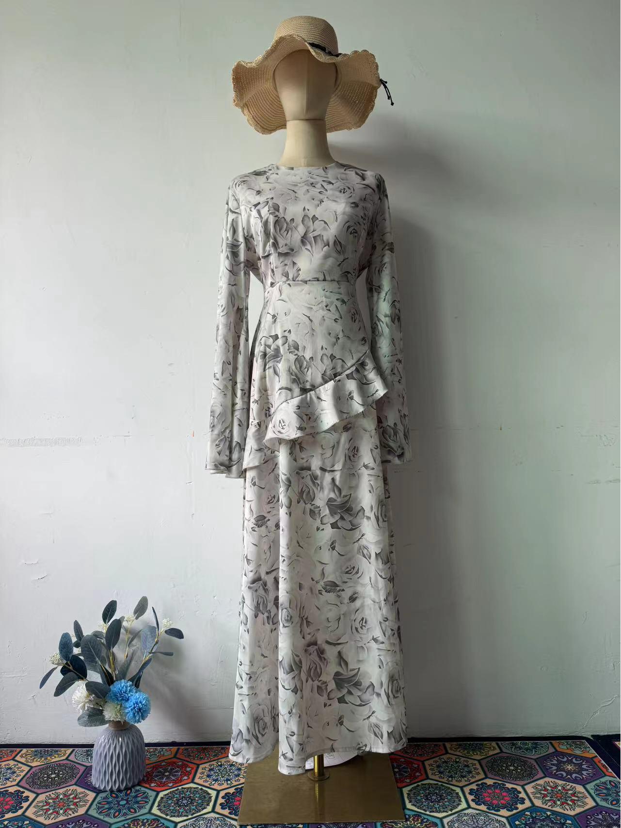 Европейская весенняя коллекция 2025: Элегантное облегающее талию длинное платье с принтом и круглым вырезом для женщин Small (S)