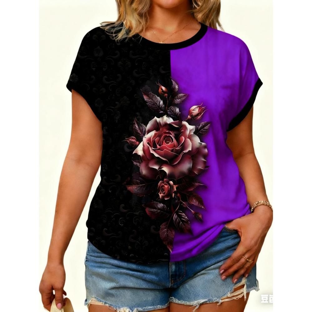 Tricouri de damă mărime mare XL-7XL Tricou de damă cu gât rotund, la modă, cu patchwork floral și imprimeu colorat, cu mânecă scurtă