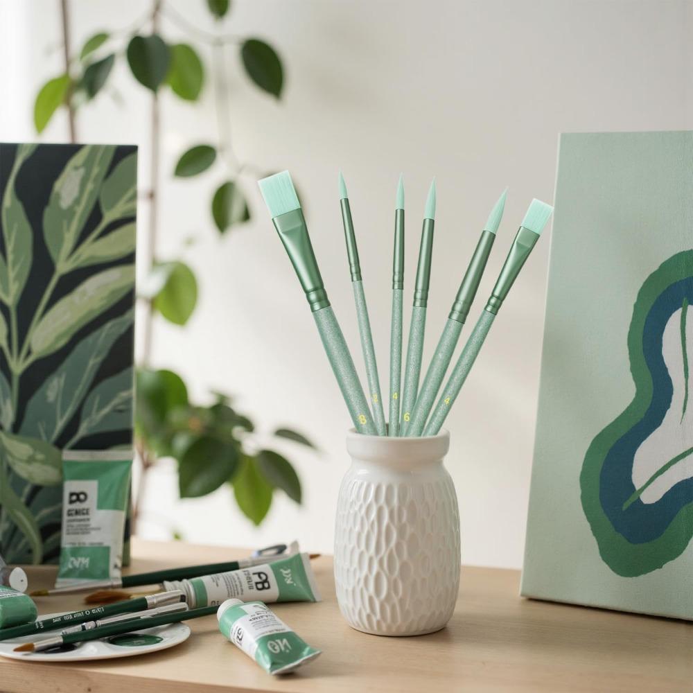 Paint Brushes Set Green, Nylon Hair for Acrylic Watercolor Oil Painting, Detailing Art Supplies for Canvas Rock Face