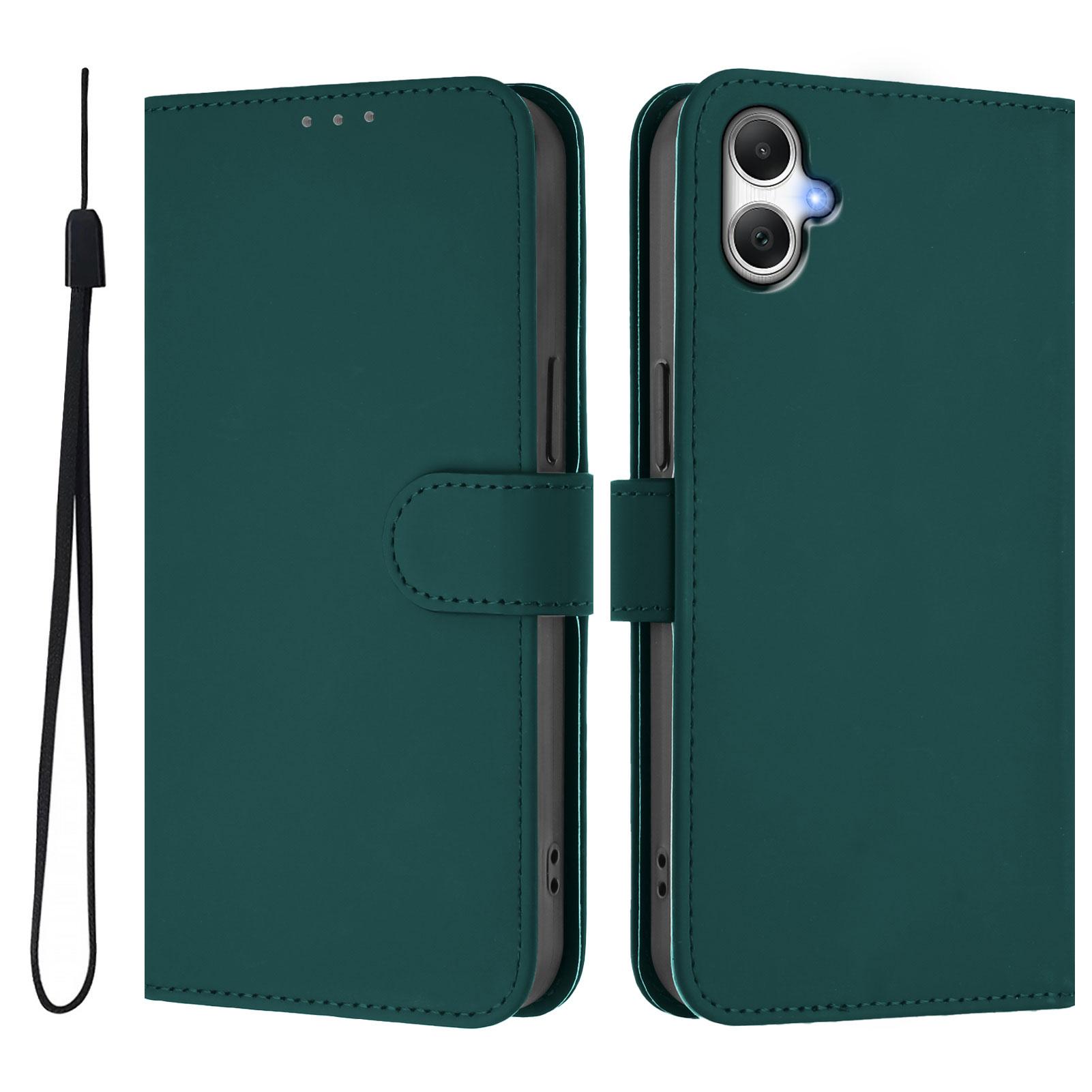 

For Samsung Galaxy A06 4G Case Solid Color Wallet Leather Phone Cover with Strap Dark Green