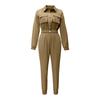 Women's Solid Color Workwear Style Short Sleeve Top Lace-Up Shorts Two Piece Set
